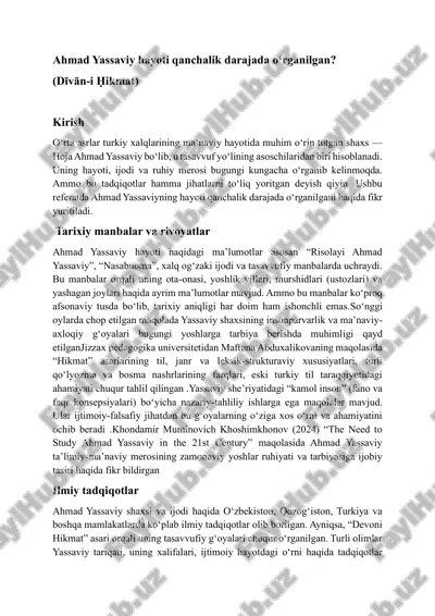 ahmad yassaviy hayoti qanchalik darajada o‘rganilgan? — PDF