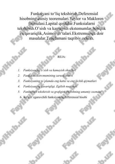 funksiyaning o`sish va kamayish shartlari — DOCX