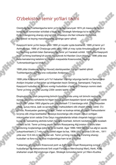 o‘zbekiston temir yo‘llari tarihi — DOCX