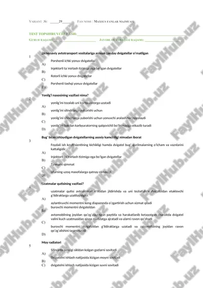 karbyuratorli avtomobillar test — DOCX