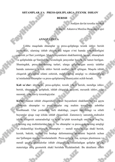 shtamplar va press-qoliplarga texnik ishlov berish — DOCX
