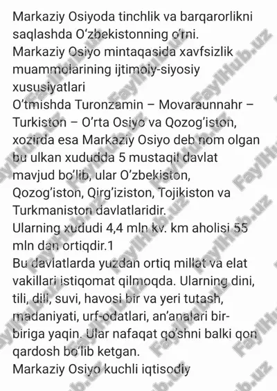 markaziy osiyoda tinchlik va barqarorlikni saqlashda o’zbekistonning o'rni — PDF