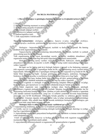 sitologiya va gistologiya fanining mazmuni va rivojlanish tarixi — DOC