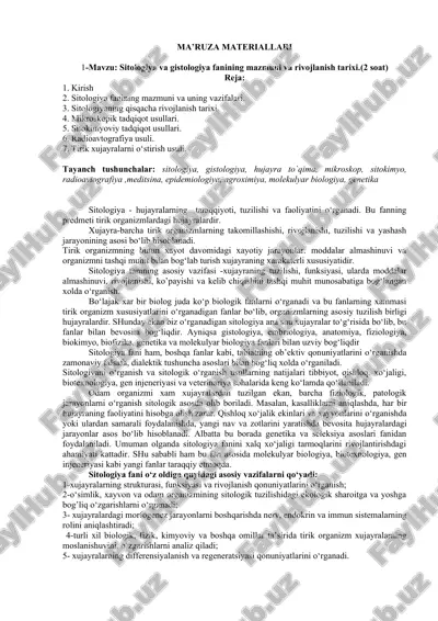 sitologiya va gistologiya fanining mazmuni va rivojlanish tarixi — DOC