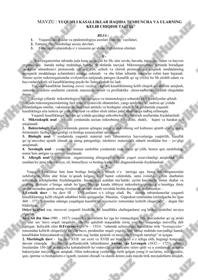 yuqumli kasalliklar haqida tushuncha va ularning kelib chiqish tarixi — DOC