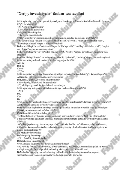 xorijiy investitsiyalar fanidan test savollari — DOC