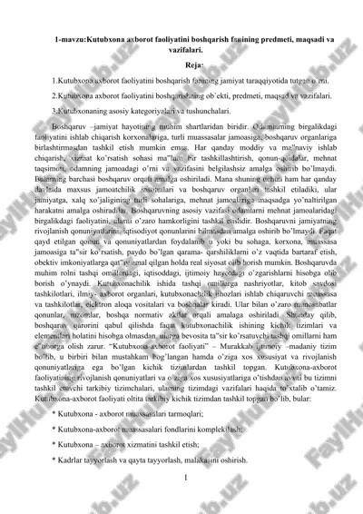 kutubxona axborot faoliyatini boshqarish fanining predmeti, maqsadi va vazifalari. — DOC