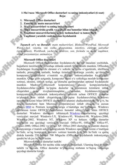 microsoft offise dasturlari va uning imkoniyatlari — DOC