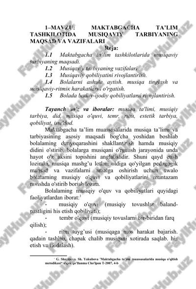 maktabgacha ta'lim tashkilotida musiqaviy tarbiyaning maqsad va vazifalari — DOC