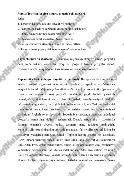 toponimikaning nazariy-metodologik asoslari — DOC