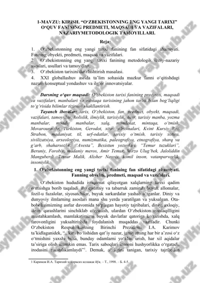 o‘zbekistonning eng yangi tarixi fanining fan sifatidagi ahamiyati. fanning obyekti, predmeti, maqsadi va vazifalari — DOC