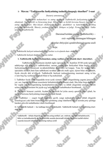 tadbirkorlik faoliyati — DOC
