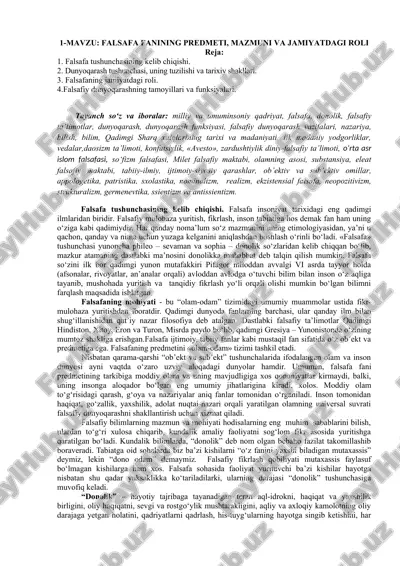 falsafa fanining predmeti, mazmuni va jamiyatdagi roli — DOC