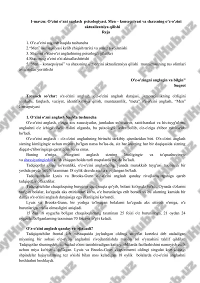 o‘zini o‘zni anglash psixologiyasi. men – konsepsiyasi va shaxsning o’z-o’zini aktualizatsiya qilishi — DOC