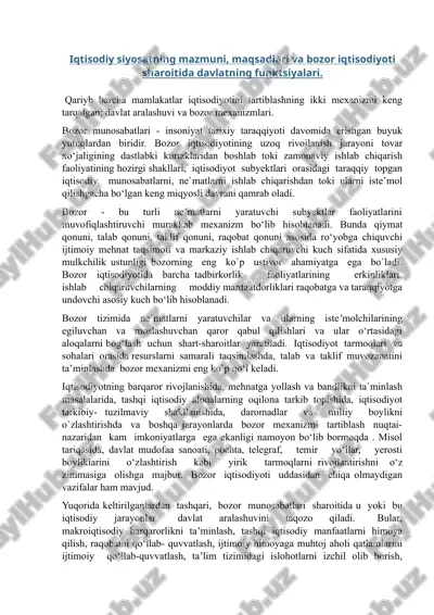 iqtisodiy siyosatning mazmuni, maqsadlari va bozor iqtisodiyoti sharoitida davlatning funktsiyalari — DOC