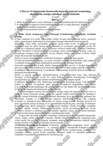 o‘zbekistonda demokratik, fuqarolik jamiyati asoslarining shakllanishi, amalga oshirilgan siyosiy islohotlar — DOC