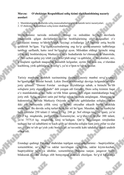 o‘zbekiston respublikasi soliq tizimi shakllanishining nazariy asoslari — DOC