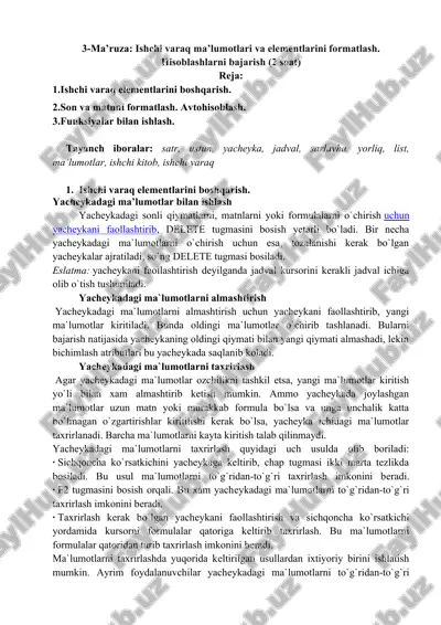 3-ma’ruza: ishchi varaq ma’lumotlari va elementlarini formatlash. hisoblashlarni bajarish (2 soat) — DOC