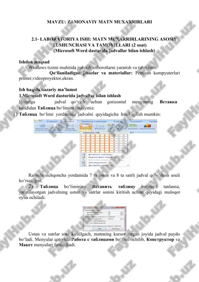 laboratoriya ishi: matn muxarrirlarining asosiy tushunchasi va tamoyillari — DOC