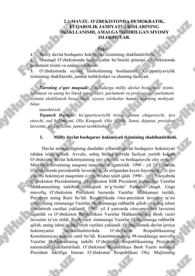 o‘zbekistonda demokratik, fuqarolik jamiyati asoslarining shakllanishi va siyosiy islohotlar — DOC