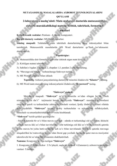 mutaxassislik masalalarida axborot texnologiyalarini qo’llash — DOC