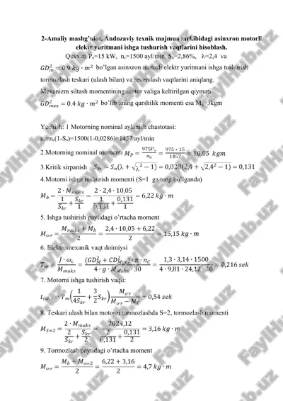 asinxron motorli elektr yuritmani ishga tushurish vaqtlarini hisoblash — DOC