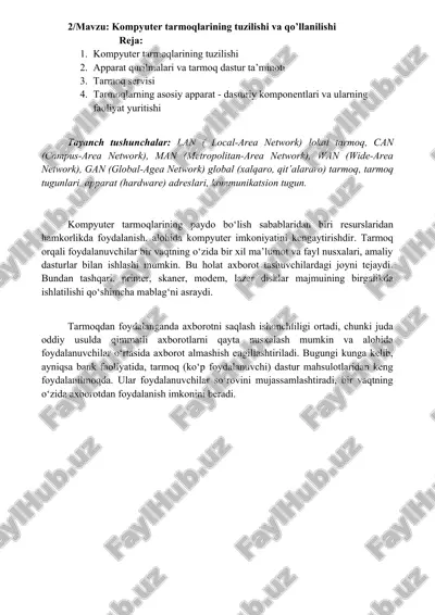 kompyuter tarmoqlarining tuzilishi va qo’llanilishi — DOC