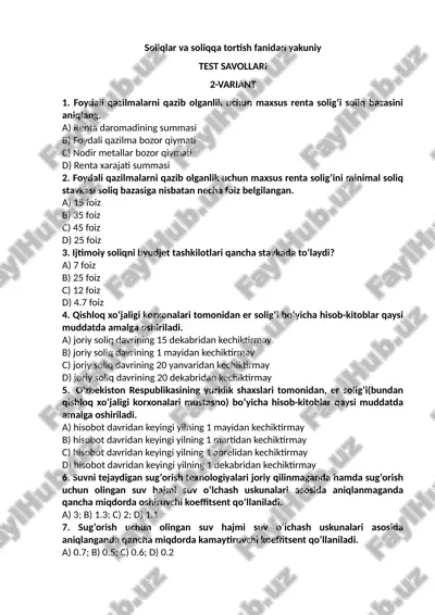 soliqlar va soliqqa tortish fanidan yakuniy — DOC
