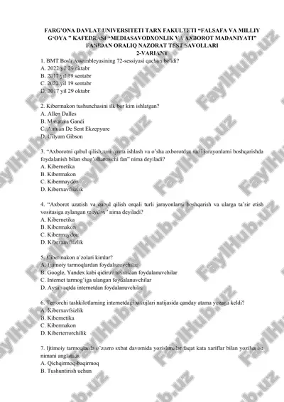 oralig' nazorat test savollari — DOC