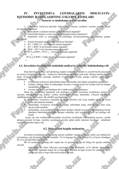 investisiya loyihalarini moliyaviy-iqtisodiy baholashning uslubiy asoslari — DOC
