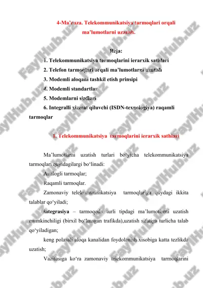 telekommunikatsiya tarmoqlari orqali ma’lumotlarni uzatish — DOC