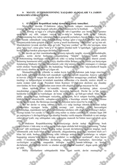 o’zbekistonning xalqaro aloqalari va jahon hamjamiyatidagi o’rni — DOC