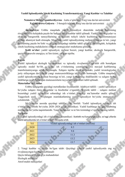 yashil iqtisodiyotda ishchi kuchining transformatsiyasi: yangi kasblar va talablar — DOC