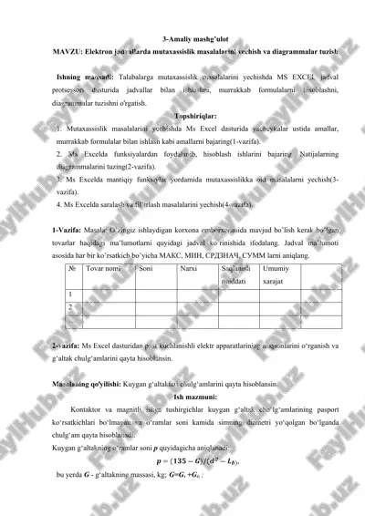 elektron jadvallarda mutaxassislik masalalarini yechish va diagrammalar tuzish — DOC