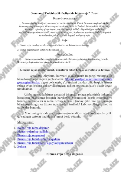 biznes reja tuzish va ishlash — DOC