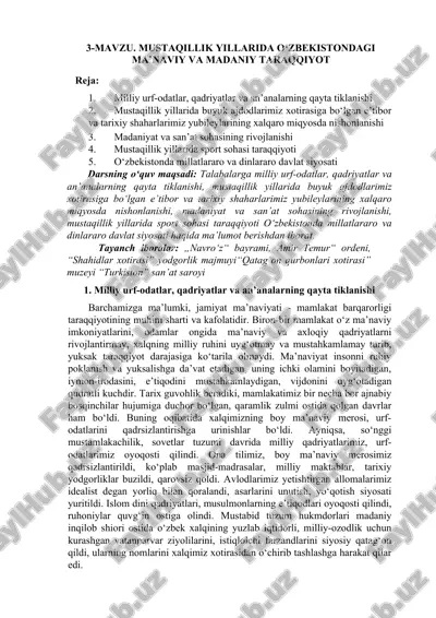 mustaqillik yillarida o‘zbekistondagi ma’naviy va madaniy taraqqiyot — DOC