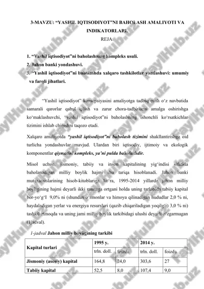 "yashil iqtisodiyotni baholash amaliyoti va indikatorlari" — DOC