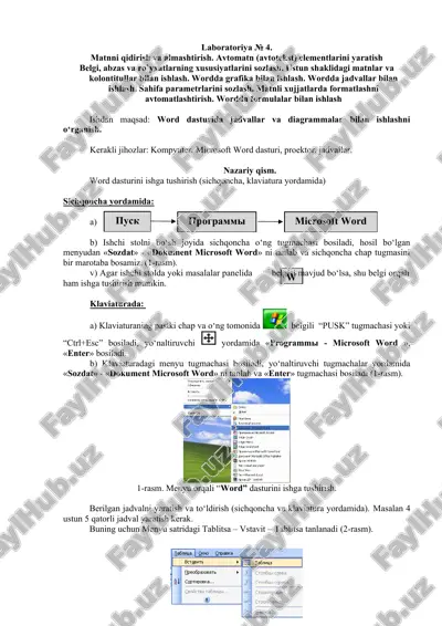 word dasturida jadvallar va diagrammalar bilan ishlash — DOC