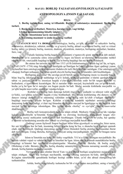 borliq falsafasi (ontologiya) falsafiy antropologiya (inson falsafasi) — DOC