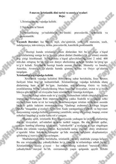 xristianlik dini tarixi va asosiy g’oyalari — DOC