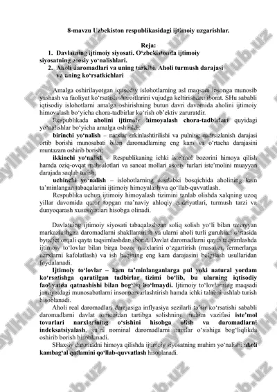 uzbekiston respublikasidagi ijtimoiy uzgarishlar — DOC