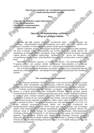 operativ tok manbalari, tok va kuchlanish transformatorlari — DOC