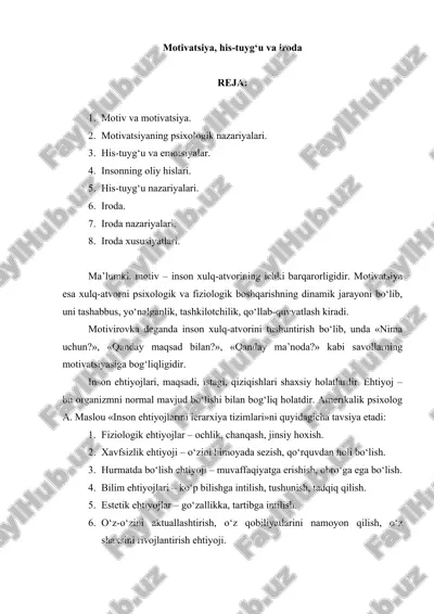 motivatsiya, his-tuyg‘u va iroda — DOC