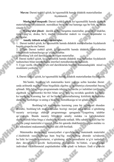 darsni tashkil qiiish, ko‘rgazmalilik hamda didaktik materiallardan foydalanish — DOC
