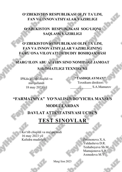 farmatsiya yo'nalishi bo'yicha maxsus modullardan davlat attestatsiyasi uchun test sinovlari — DOC