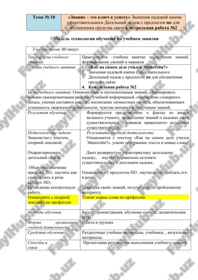 model texnologii obucheniya na uchebnom zanyatii — DOC