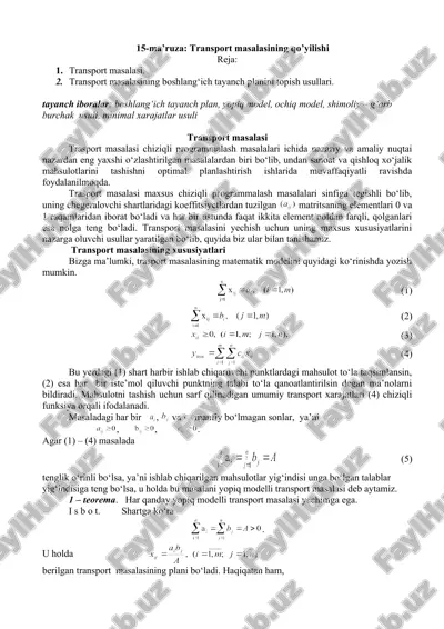 transport masalasi: transport masalasining qo’yilishi va boshlang‘ich tayanch planini topish usullari — DOC