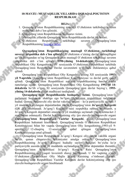 qoraqalpog`iston respublikasining mustaqil o`zbekiston tarkibidagi suveren respublika deb e`lon qilinishi — DOC