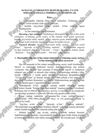 mustaqillik yillarida ta'lim tizimi islohotlari haqida ma’lumotlar — DOC