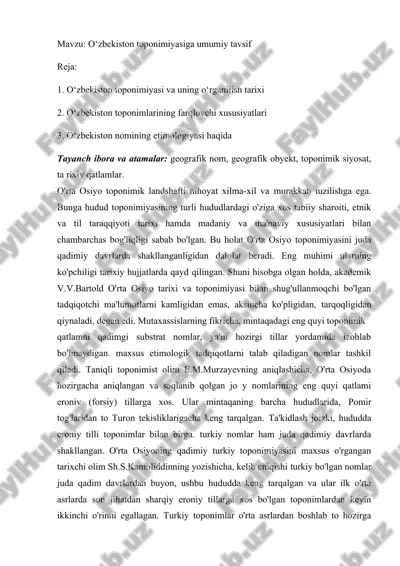 o‘zbekiston toponimiyasiga umumiy tavsif — DOC